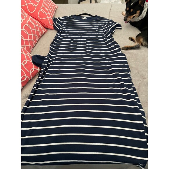 Time And Tru Womens Navy/White Striped T-Shirt Maxi Dress with Pockets Sz 14-16 - Picture 6 of 8